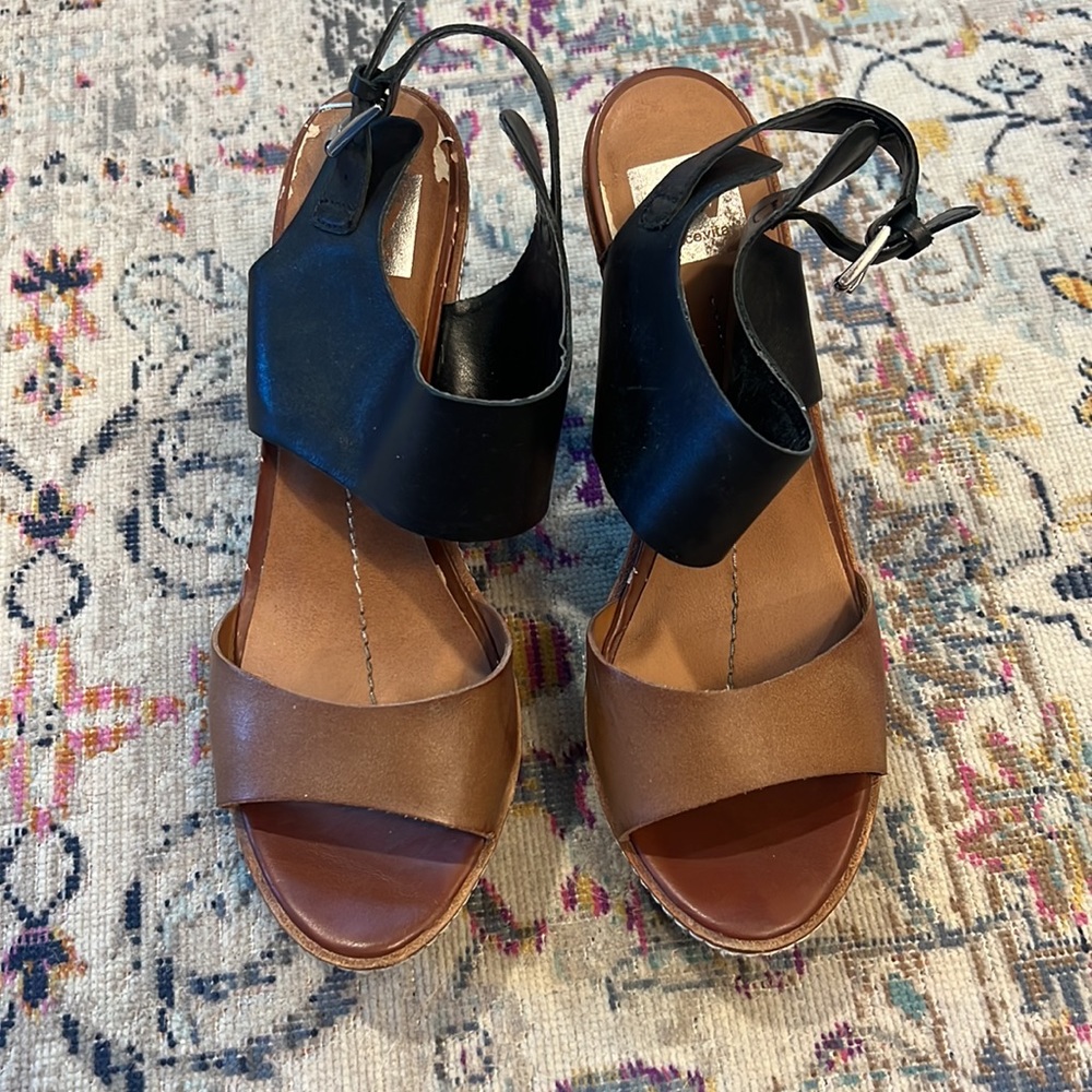 Dolce Vita Black Brown Leather Cork Platform Wedges Ankle Strap Sandal